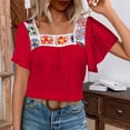 thumbnail image 2 of DeHolifer Womens Summer Boho Floral Crochet Ruffle Short Sleeve Shirts Hollow Out Square Neck Tops Dressy Casual Blouse Red M, 2 of 8