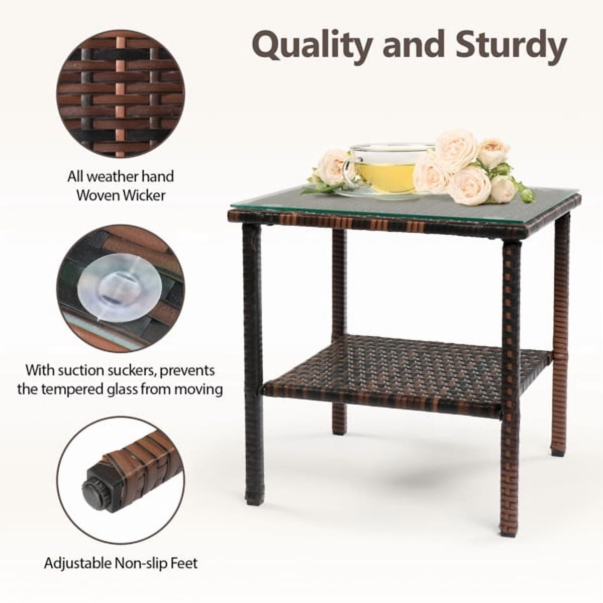 Square Double Layer Glass Top Side Table, Brown Gradient Rattan, Steel Frame, Outdoor Patio Furniture