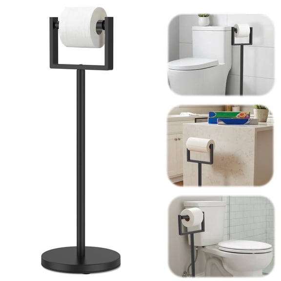 Toilet Paper Holder Stand Freestanding - Extra Weighted Base No Tipping, Rust Resistant Stainless Steel Tissue Roll Holder for Bathroom, Matte Black