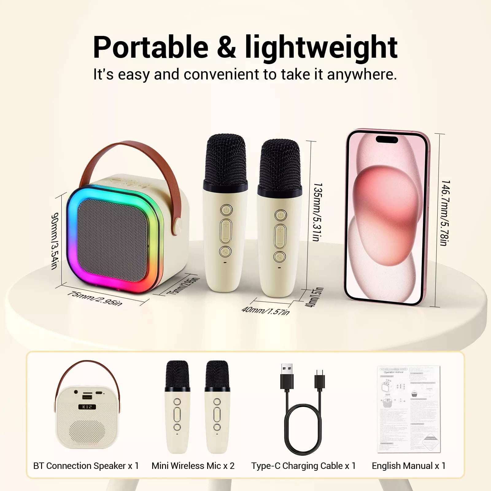 Kids Mini Karaoke Machine Portable Bluetooth Speaker + Dual Wireless Microphone