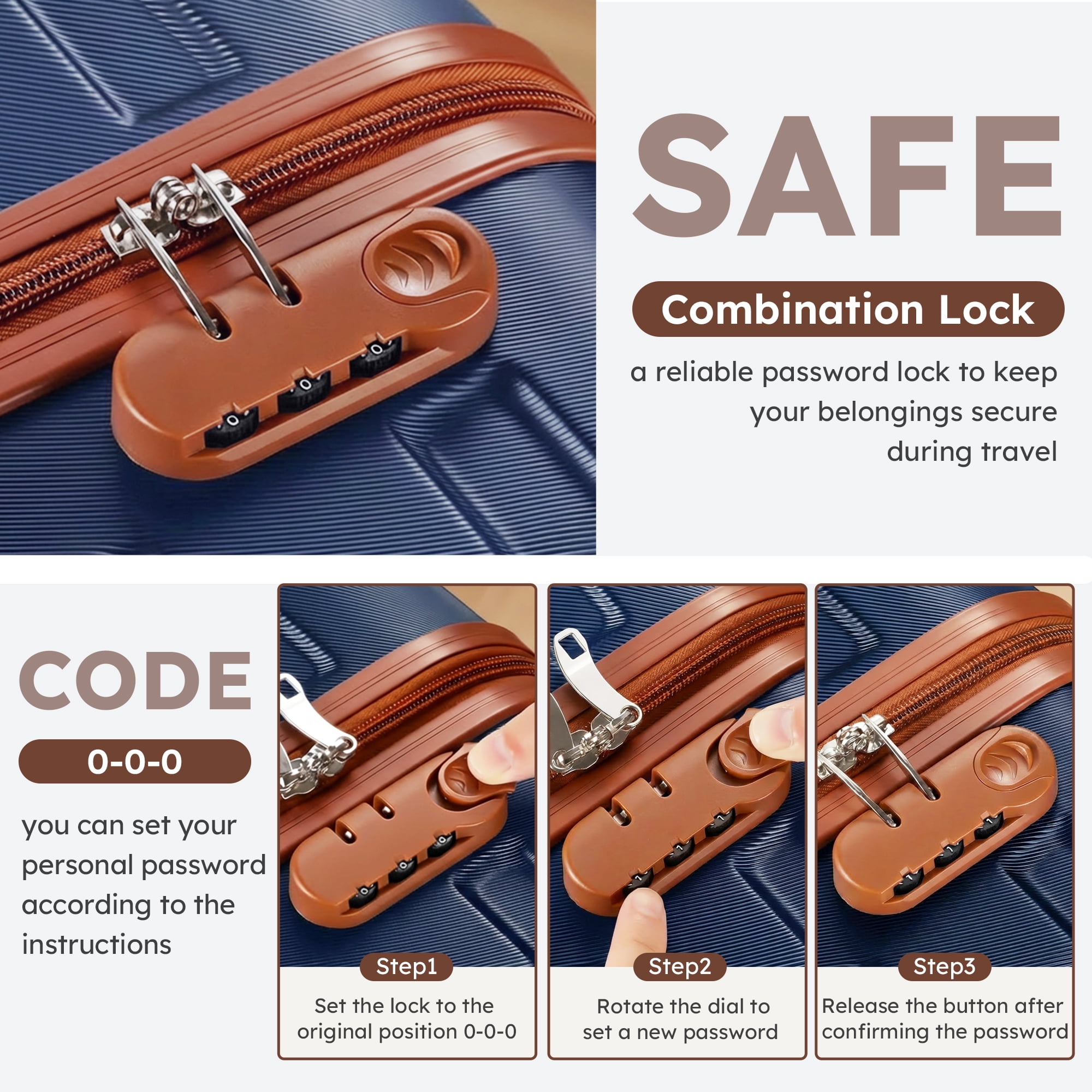 Gowill 5 Piece Luggage Sets,20/24/28 inch Hardside Lightweight ABS Suitcase With Expandable Duffle Bag (Navy Blue Tan)