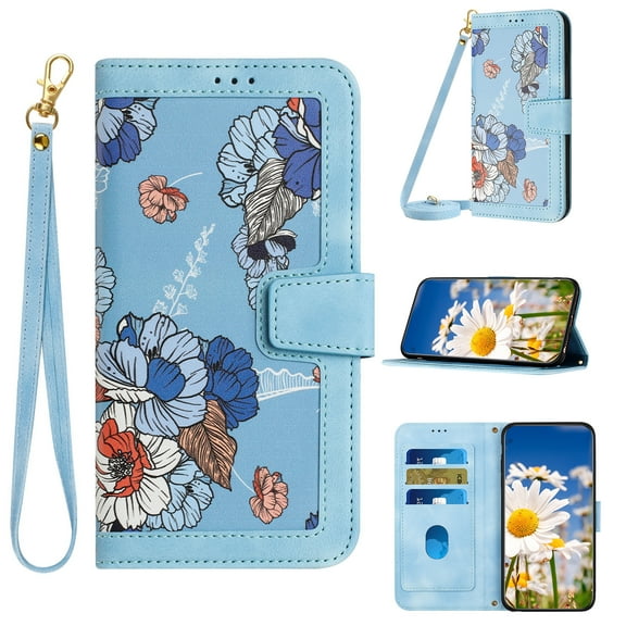 Designed for Google Pixel 9 Pro XL Wallet Case Cute for Women, Premium PU Leather Flip Kickstand Cover with Card Holder [Long Crossbody Strap   Short Wrist Lanyard] Magnetic Closure Phone Case,Blue