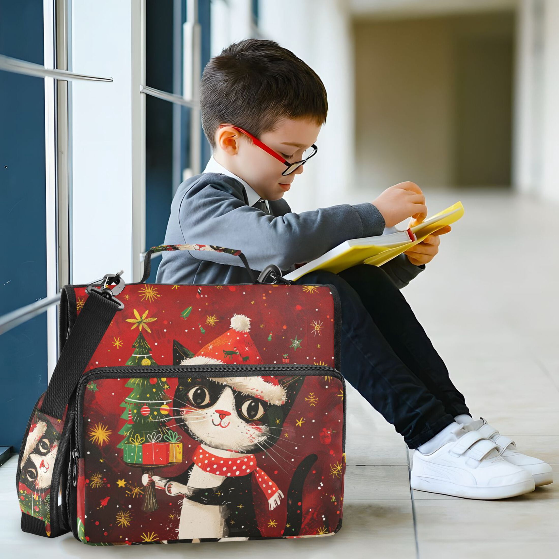 3 Ring Zipper Binder with Shoulder Strap Waterproof Trapper Keeper 2 Inch D-Ring 500 Sheets Capacity Cute Cat with Christmas Tree