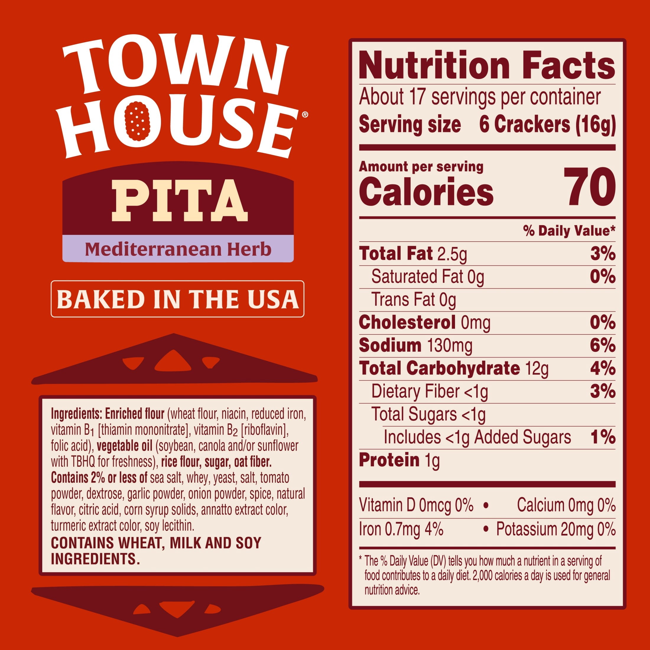 Town House Pita Mediterranean Herb Oven Baked Crackers, Salty Snacks, 9.5 oz