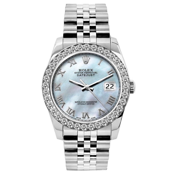 Pre-Owned Rolex Datejust 26MM 6916 Blue Mother of Pearl Roman Dial Diamond Bezel Stainless Steel Jubilee Bracelet 1.2ct