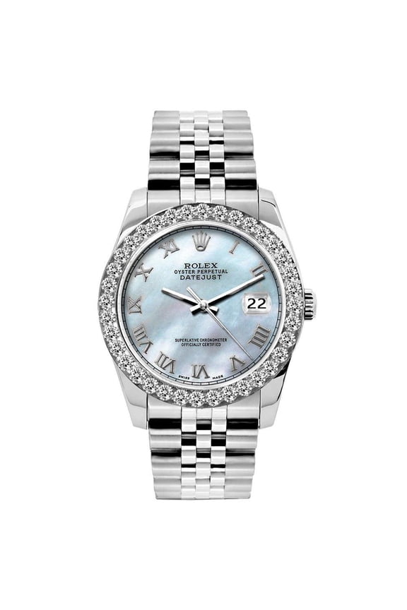 Pre-Owned Rolex Datejust 26MM 6916 Blue Mother of Pearl Roman Dial Diamond Bezel Stainless Steel Jubilee Bracelet 1.2ct