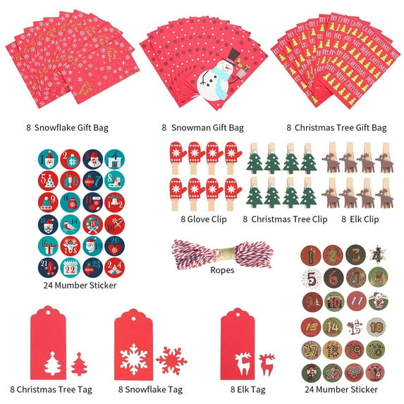 24Pcs DIY Xmas Pattern Advent Calendar Candy Gif Bags Hanging Decor With Rope Digital Sticker Countdown Candy Bag Set