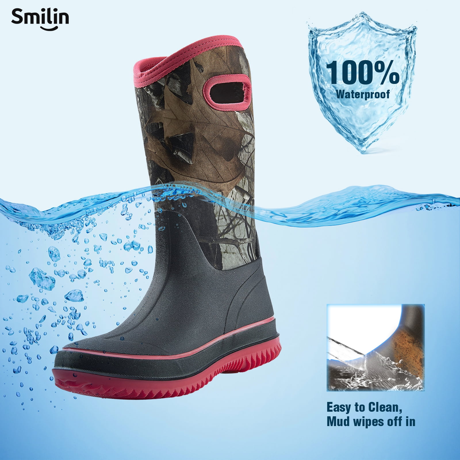 SMILIN Rain Boots for Women, Anti-slip Mid Calf Women Mud Boots, Camo, Size 6