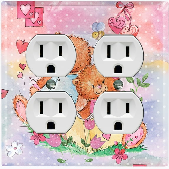 Metal Light Switch Wall Plate Outlet Cover (2 Teddy Bears Reading Flower Hearts Pink - Double Duplex)