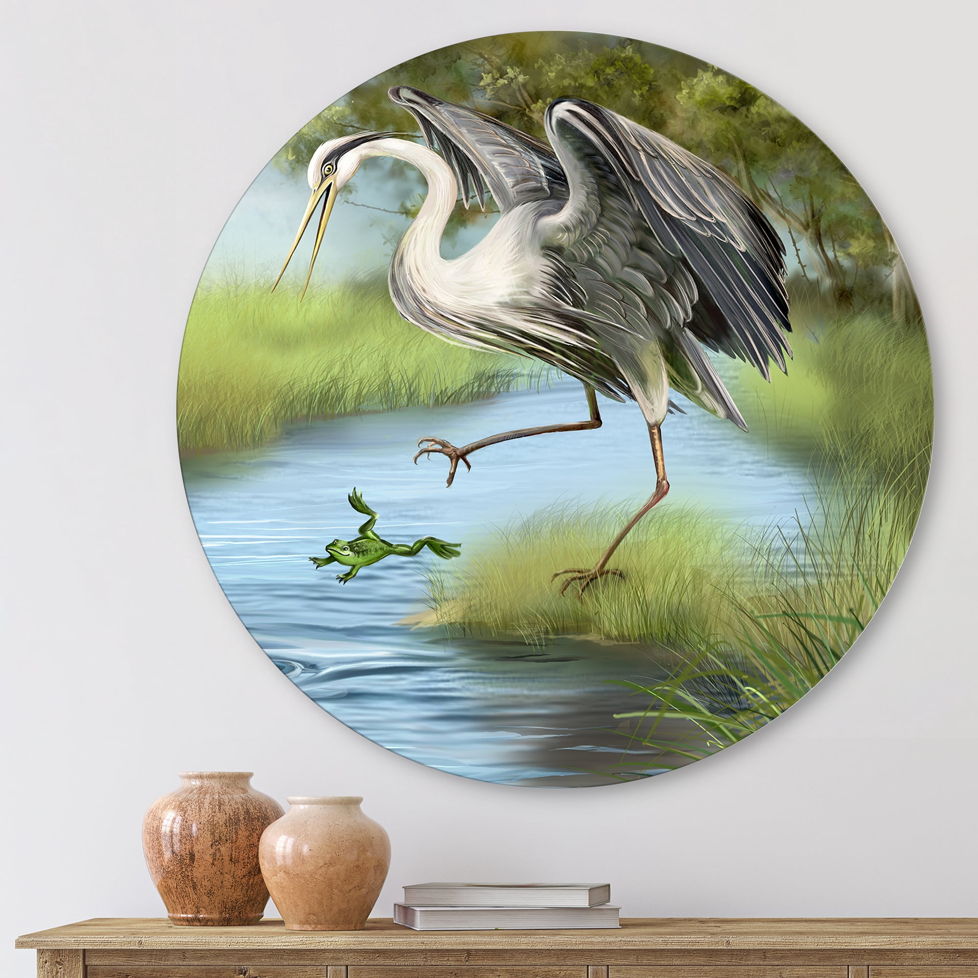 Designart 'Crane Hunting A Frog' Farmhouse Circle Metal Wall Art 11x11 - Disc of 11