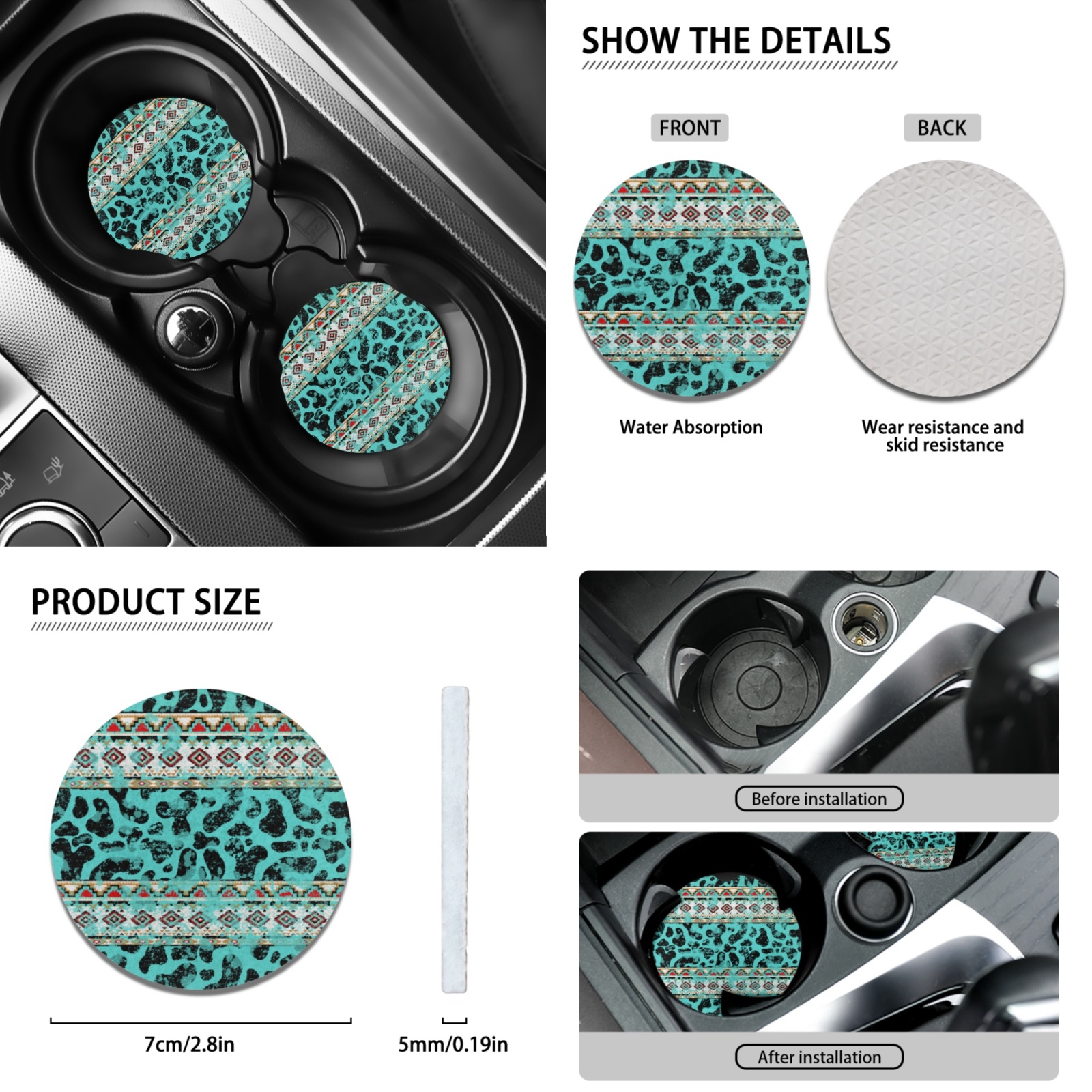 Renewold American Tribal Cow Print Teal Car Seat Covers for Women Men, with Steering Wheel Cover Seat Belt Pad Armrest Pad Handbrake Cover Gear Shift Cover Coaster Holder Car Accessories Set of 12