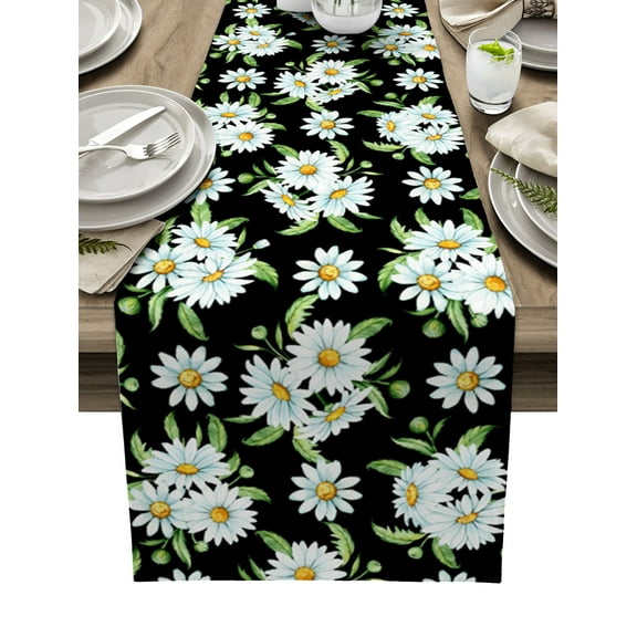 Table Runner Dresser Scarves 90 Inch Long, Blossom Watercolor Daisy Flower Linen Dining Table Runners Leaves and Floral on Black Tabletop Scarf for Wedding Holiday Party Kitchen