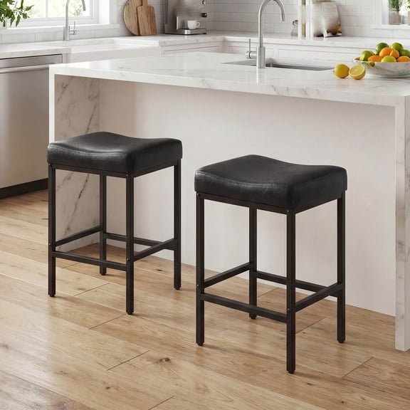 DRAZUNO Bar Stools Set of 2, 25” Faux Leather Upholstered Saddle Stools with Metal Legs