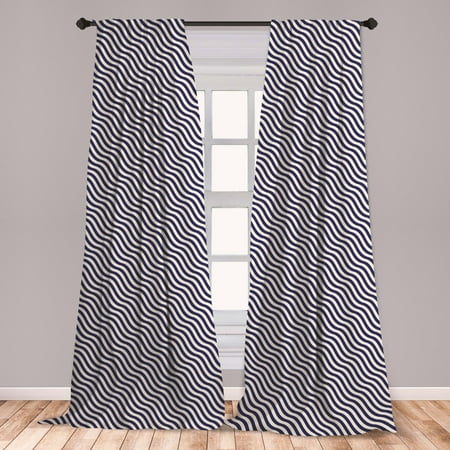 Navy Blue Curtains 2 Panels Set, Wave Like Striped Lines Design on Dark Blue Background Artwork Print, Window Drapes for Living Room Bedroom, Dark Blue and White, by Ambesonne