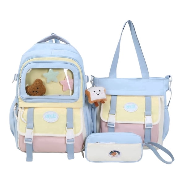 ZROVA High facial value 3-Piece Student Backpack Set: Cute Shoulder Backpack Tote Pencil Case, Large Capacity, with free Matching Adorable Keychains (4 Colors: Blue/White/Black/Pink)