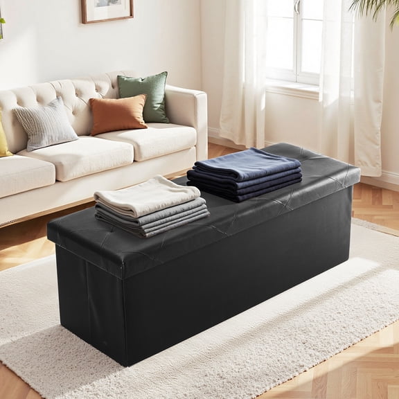 TOPCOMFY 43in Foldable Storage Ottoman Bench with Padded Seat, PVC Leather, for Living Room and Entryway, Black