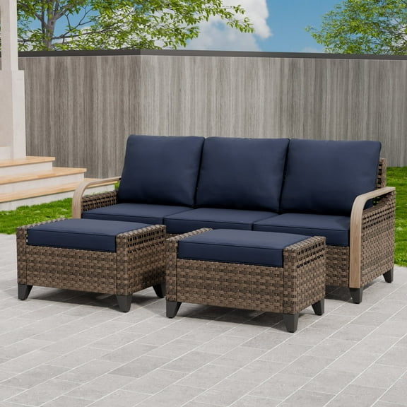INTER HUT Modern Wicker Patio Furniture Set, Rattan Outdoor Conversation Set with Comfortable Cushions, 3 Seat Couch and 2 Ottomans, Brown/Blue