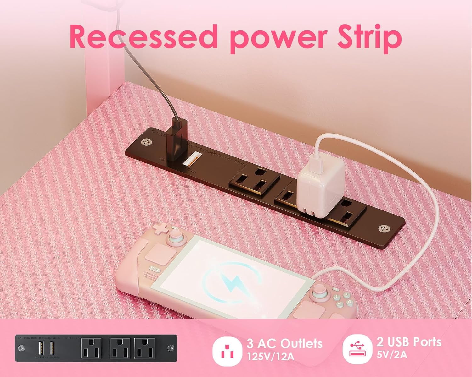 MOTPK L Shaped Gaming Desk with Drawers & LED Light & Power Outlet, 43" Reversible Computer Table with Shelves & Hooks for Home Office, Carbon Fiber Pink