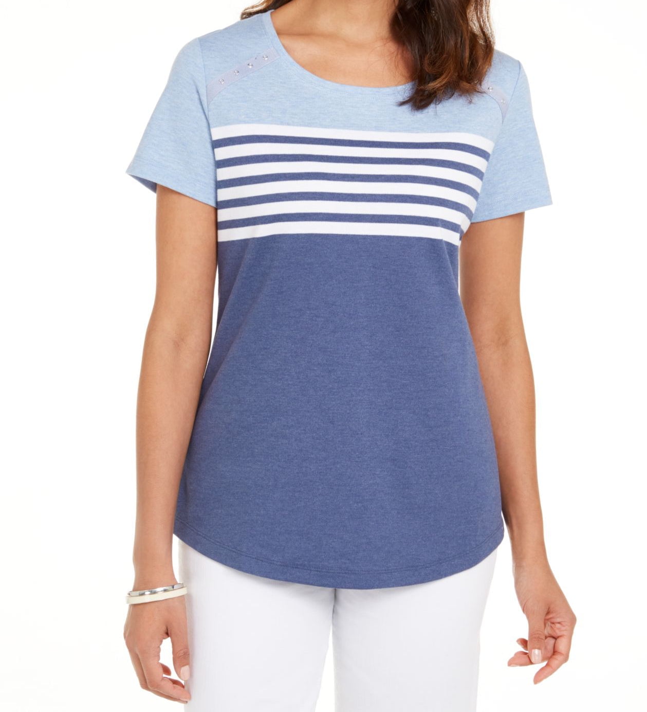 Karen Scott Womens Petite Stripe Colorblocked Top