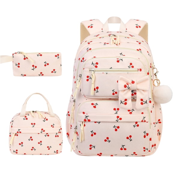 Cute Cherry Backpack with Lunch Bag and Pencil Case Matching Travel Daypack Beige
