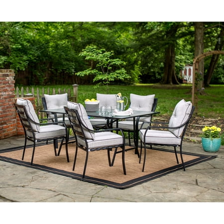 Hanover Lavallette 7-Piece Modern Outdoor Dining Set in Gray | 6 UV Protected Cushioned Chairs | Rectangular Glass-Top Table | Weather Resistant Steel Frame | LAVALLETTE7PC