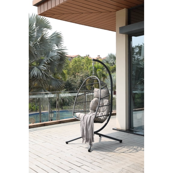 Beige Cushion Egg Chair with Stand, Outdoor Wicker Hanging Swing Chair with Cup Holder, Removable Guardrail and Cushions, Suitable for Balcony, Indoor and Outdoor Universal Leisure Hanging Basket No.
