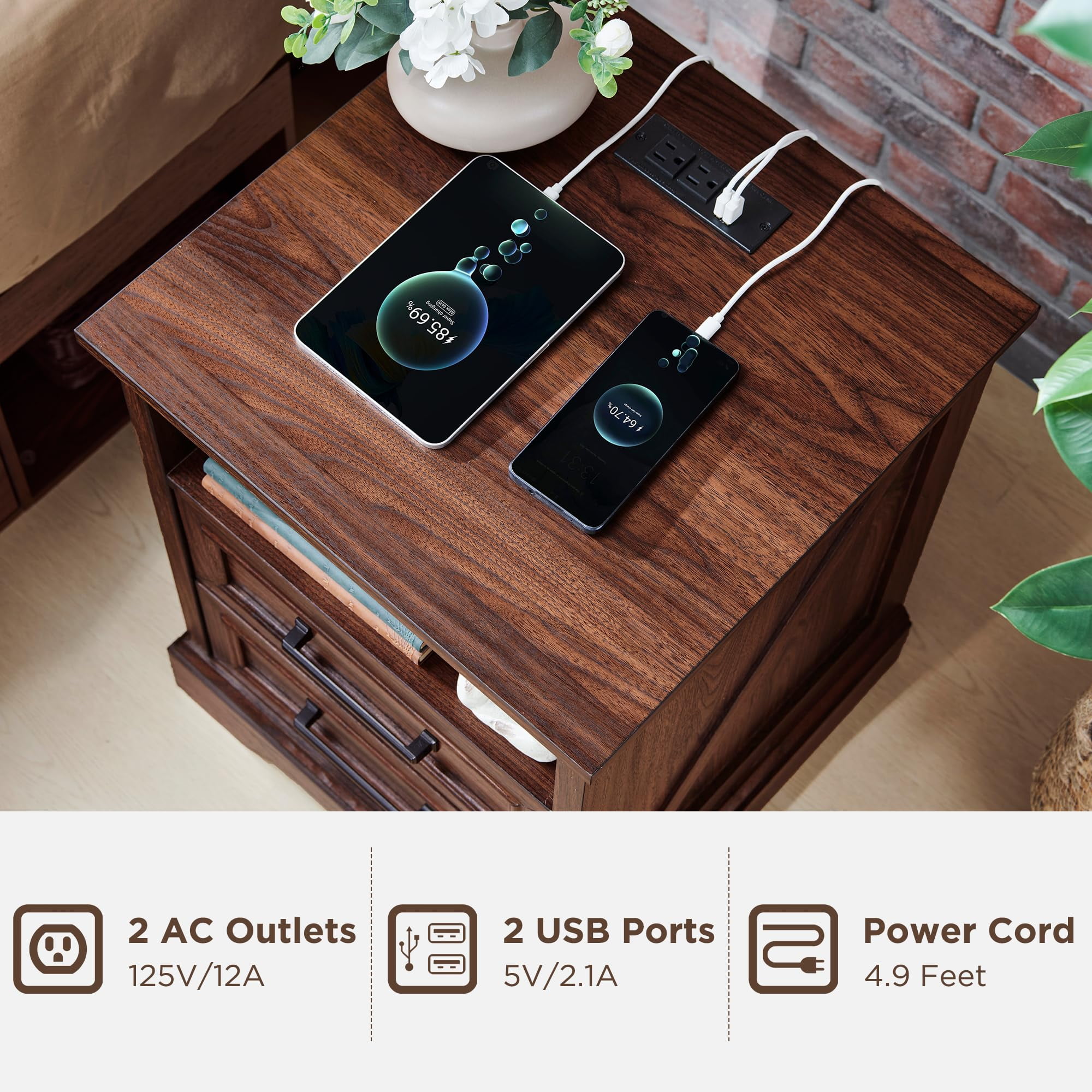 ACCOHOHO Nightstands Set of 2 with Charging Station, Rustic End Table with 2 Drawers Farmhouse Side Table with 3-tier Storage Space Bedside Cabinet for Bedroom Living Room,Brown