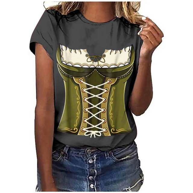 Pompotops Femmes de la Mode Décontractée en Vrac Chemisier Oktoberfest Impression Col Rond T-Shirt Chemisier Imprimé Tee-Shirt Dégagement