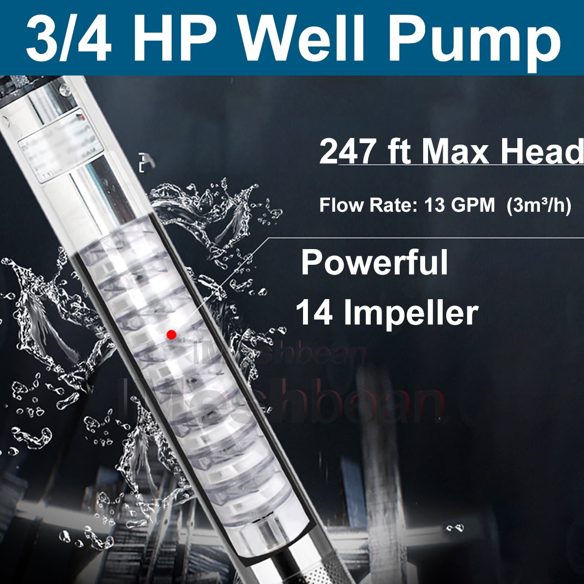 iMeshbean Deep Submersible Well Pump 3/4 HP Submersible Well Pump 110V 13GPM Water Pump 247ft Head with 33ft Electric Cable Stainless Steel Water Well Pumps Submersible for Irrigation Use