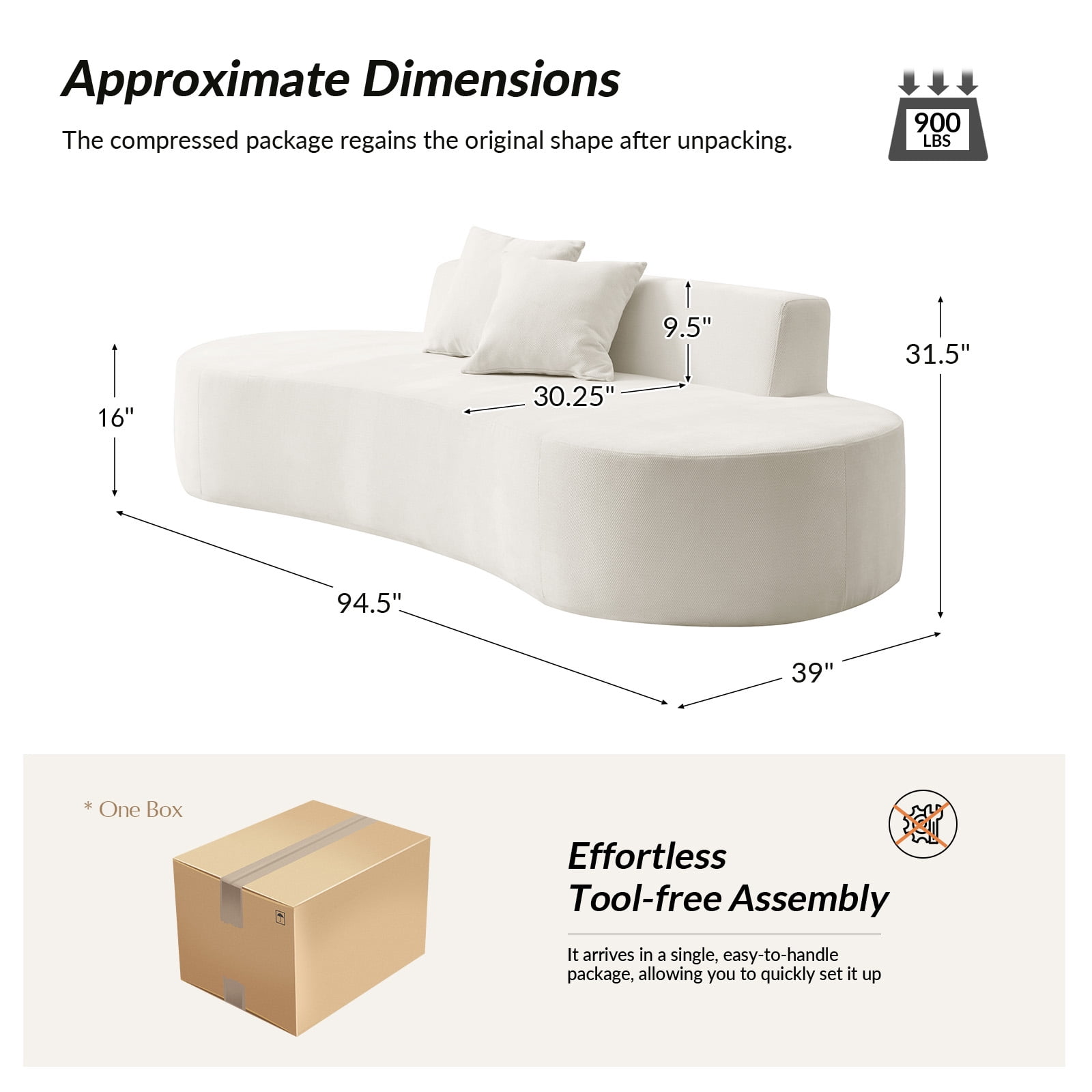 Tina's Home Modern Minimalist 3-Seater Cream Sofa for Adult Living Room Couch with Curved Design No Assembly Required