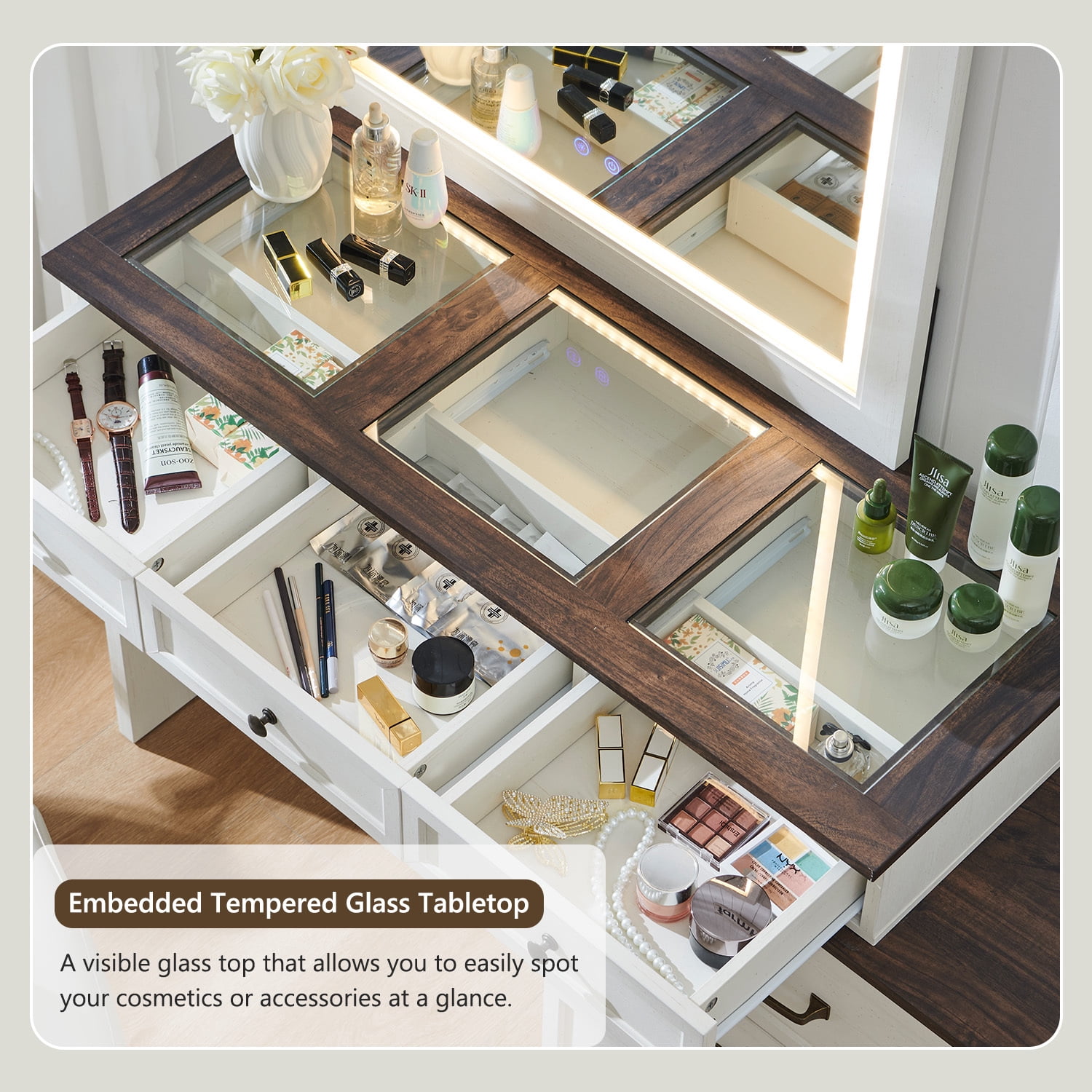 Farmhouse Vanity Desk with Glass Top, Corner Makeup Vanity Set with 30" HD Led Mirror and 3 Color Available Lights, 9 Storage Drawers, Wood Vanity Table for Bedroom