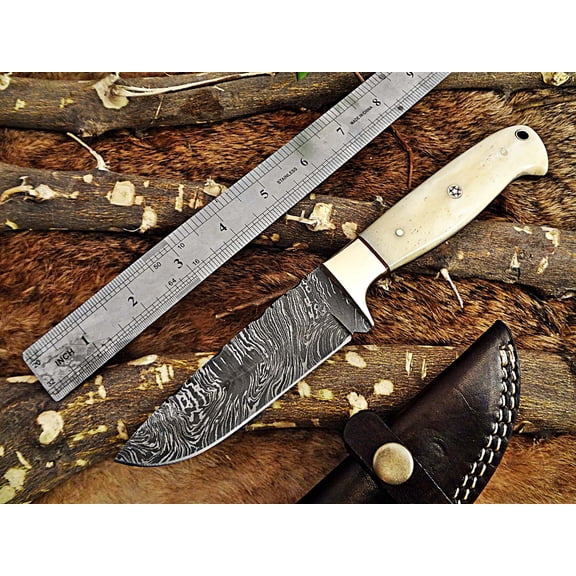 9.5" Long hand forged Damascus steel 4.5" full tang blade skinning Knife, Natural Camel Bone with Brass bolster, Cow Leather sheath