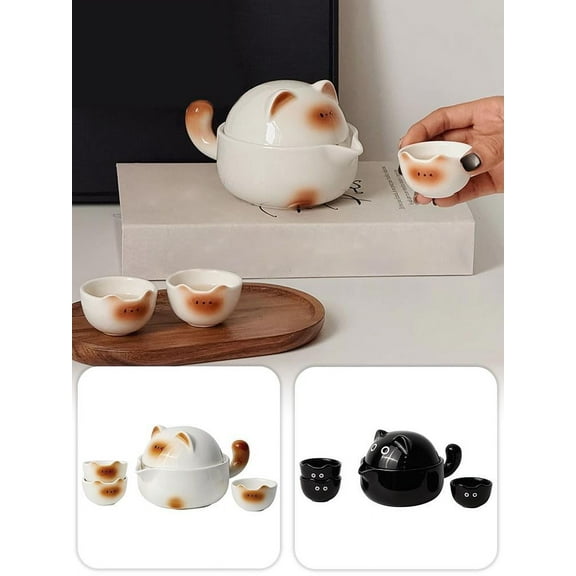 QHUDLV Portable Ceramic Tea Cup Set,Cute Cat Real Porcelain Tea Pot,Lucky Cat Porcelain Teapot Set with Tea Strainer,Lids,Suitable for Travel Outdoor Picnic Office Work Home