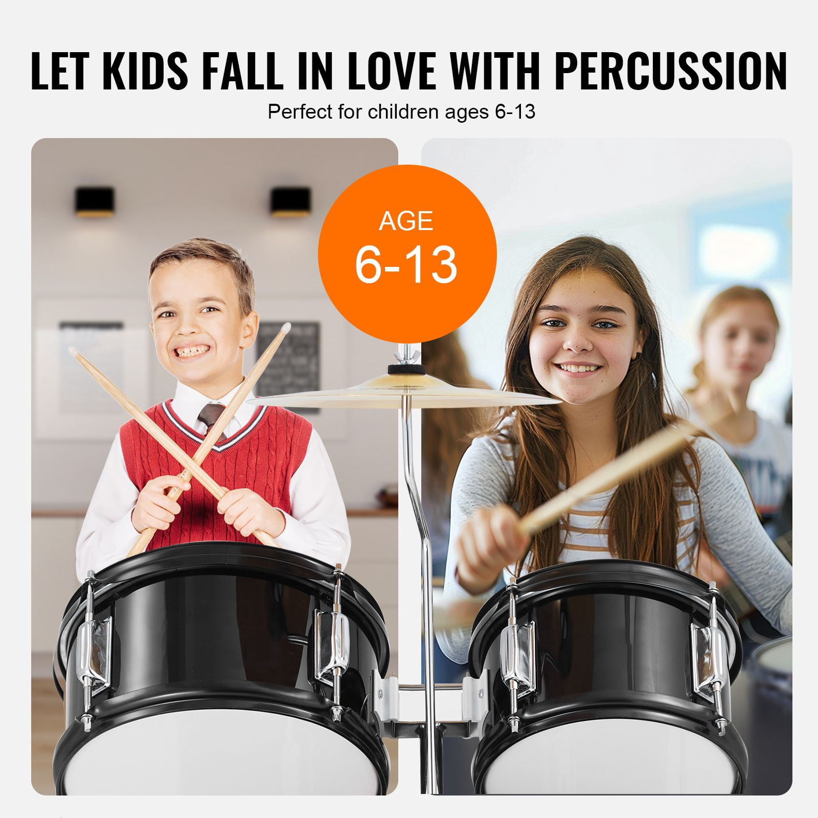 Kids Drum Set, 5-Piece, 16 in Beginner Full Drum Set with Bass Toms Snare Floor Drum Adjustable Throne Cymbal Hi-Hat Pedal and Two Pairs of Drumsticks, Starter Drum Kit for Child Kids, Black
