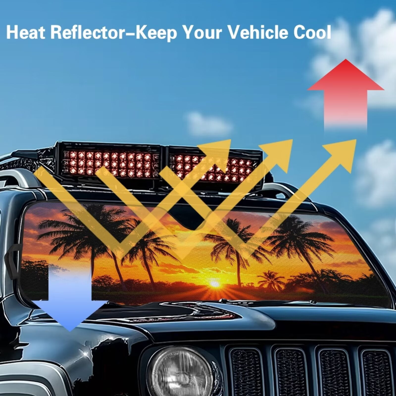 Binienty Car Windshield Cover Sun Shade Tropical Palm Tree Sunset Automotive Windshield Sunshades for Jeep Wrangler JKU 4-Door 2007-2018 Auto Outdoor Protective Accessories
