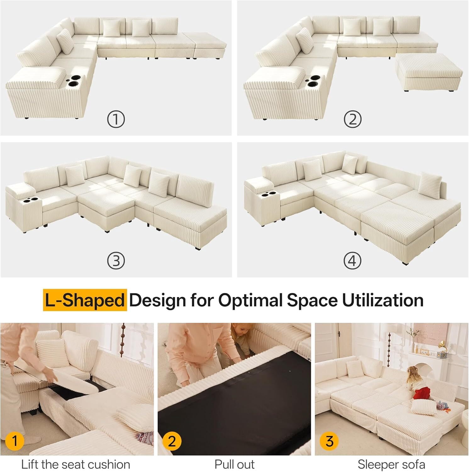 Sectional Sleeper Sofa with Pull Out Bed,110" L-Shaped Modular 6-Seater Cloud Sectional Couch,Convertible Corduroy Sofa for Living Room,Ottoman with USB Charging Ports & Cup Holders,Beige