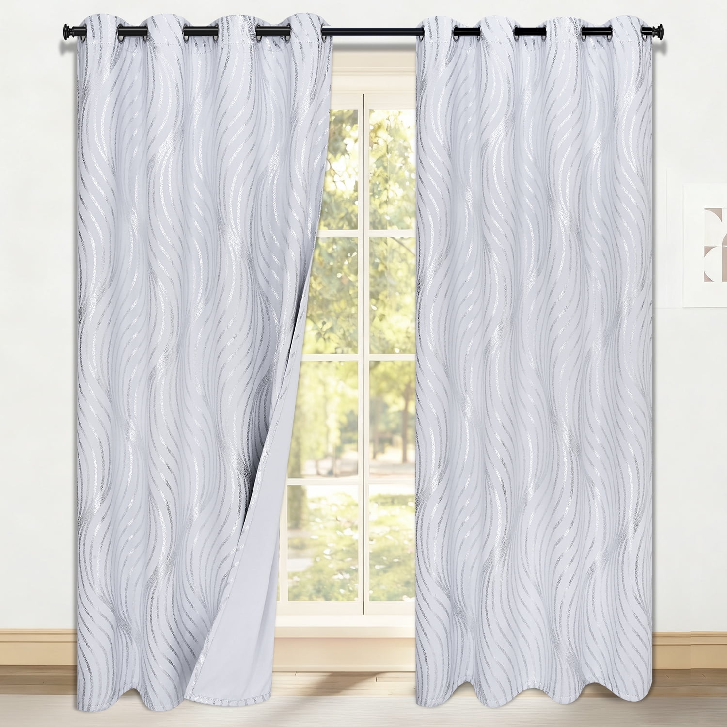 Alishomtll White Blackout Curtains for Living Room ,Modern Metallic Silver Wave Pattern Bedroom Thermal Insulated Drapes ,2 Panel Set,52"x84"