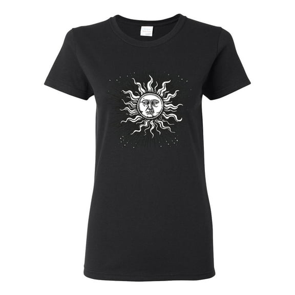 Wild Bobby Radiating Sun Puff Print Fashion Womens Graphic Tee, Black, Small