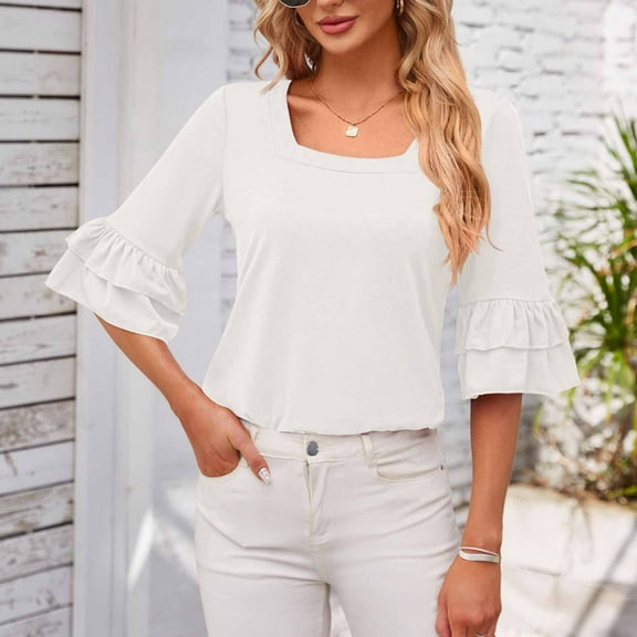 iHengLiXing Spring Tops for Womens Dressy Casual Women's Casual Solid Color Neck Ruffled Middle Sleeve Loose T-Shirt Top White S
