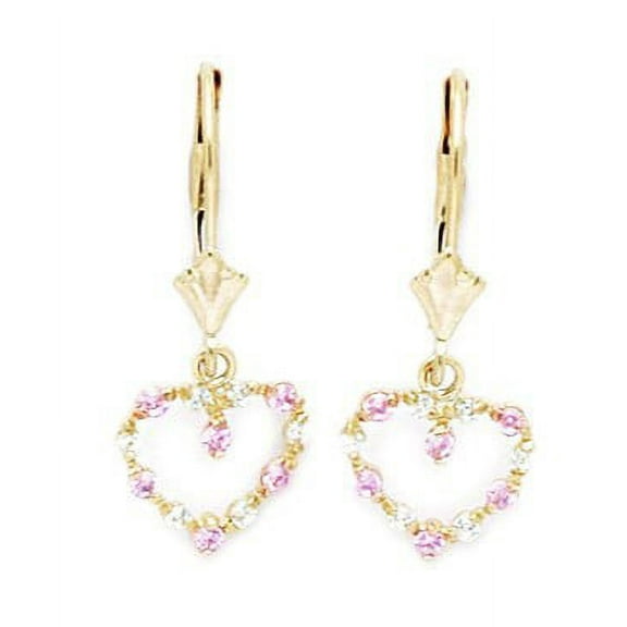 14k Yellow Gold October Pink CZ Heart Drop Leverback Earrings - Measures 25x10mm