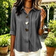 thumbnail image 4 of Womens Plus Size Tops Cotton Linen 3/4 Sleeve Shirts for Women Button Down Plaid Printed Lapel Loose Summer Fall Top S-4XL, 4 of 5