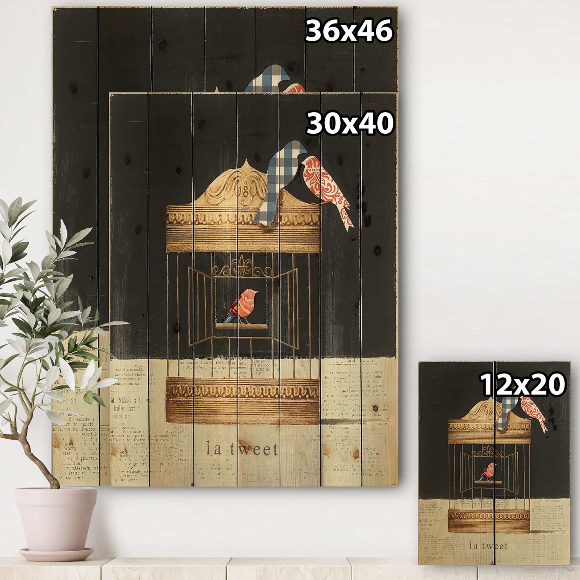 Designart 'Abstract Birds and Tweet Gold Birdcage Collage' Traditional Print on Natural Pine Wood
