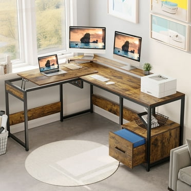 Dextrus L Shaped Corner Computer Desk with File Drawer, 65'' Lift Top Computer Desk with Storage Shelves, Office Desk with Monitor Stand, Height Adjustable, Rustic Brown
