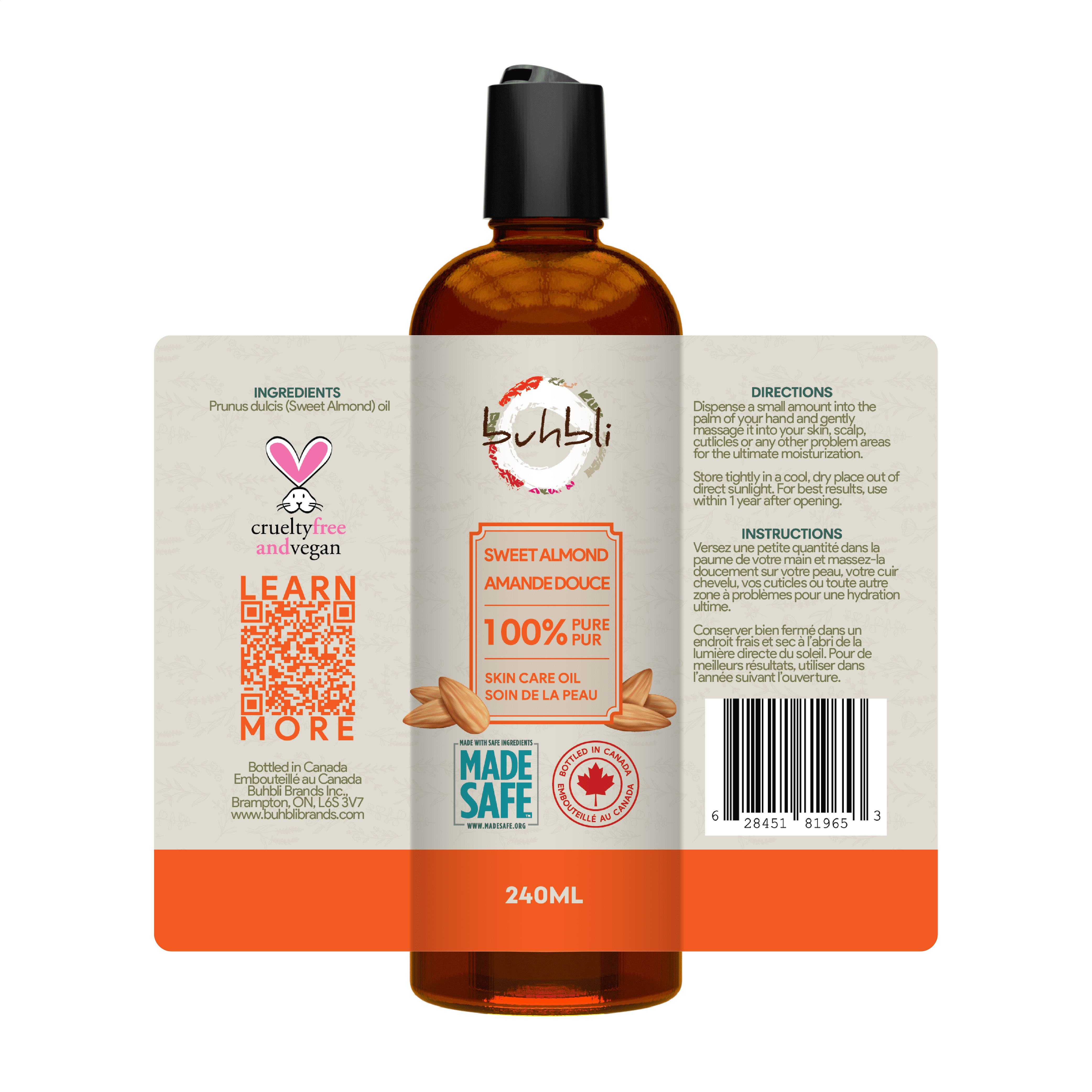 Huile d’amande douce Buhbli Brands 240 ml – 100 % pure et naturelle, embouteillée au Canada          Ask ChatGPT