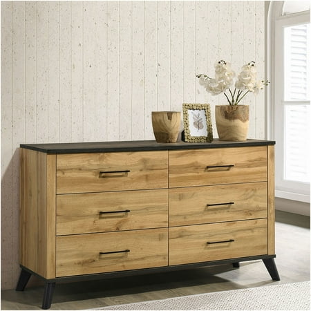JERFIT 6-Drawer Dresser Farmhouse Bedroom Chest with Weathered Brown Top Natural Pine Wood Storage Cabinet