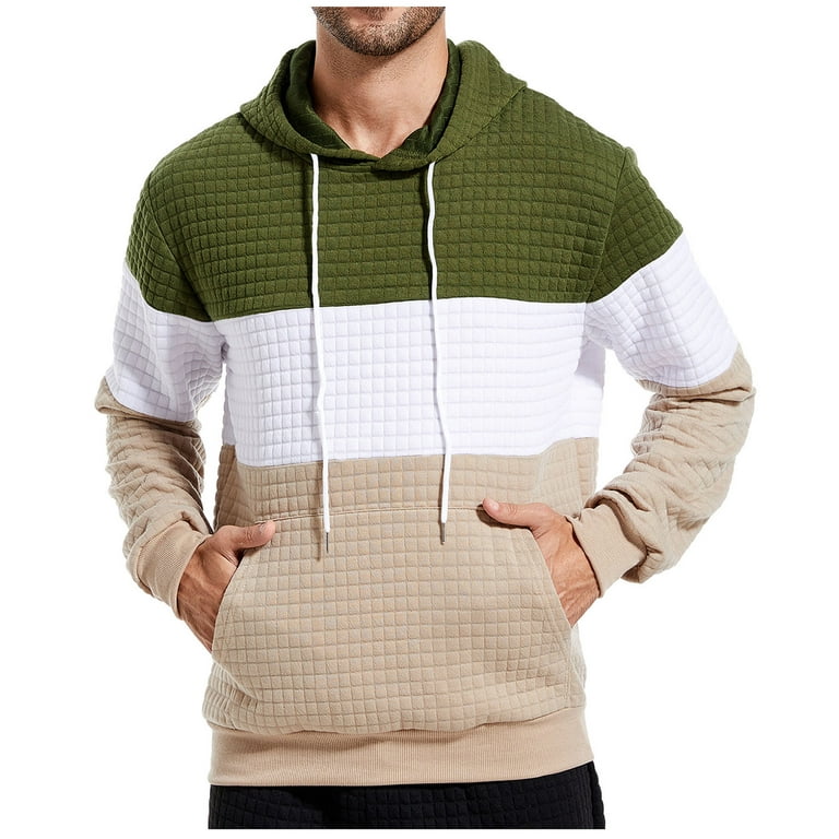 Comfy Hoodies for Men, Trendy Waffle Knit Hooded Sweatshirts Drawstring  Colorblock Striped Pullovers with Pocket (Small, Khaki) 
