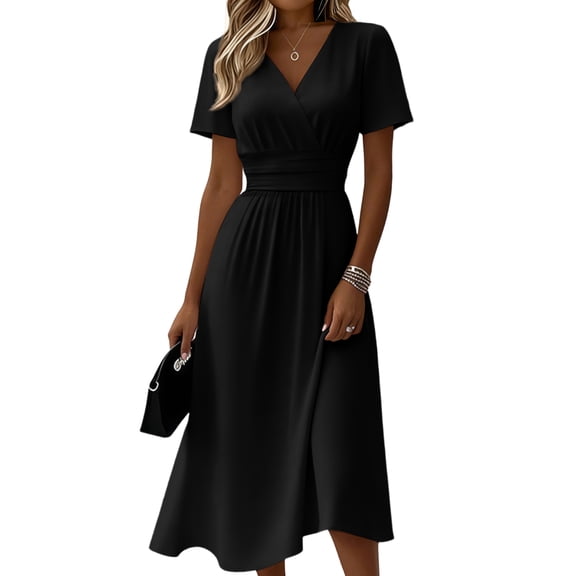 Women's Color Casual Fashion Short Sleeved V-neck Dress Black L