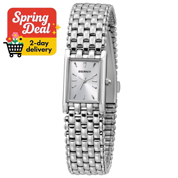 BERNY Small Silver Watches for Women, Dainty Vintage Square Dial, Stainless Steel Bracelet Watch, Fashion Ladies Analog Quartz Watch, Minimalist Waterproof Womens Wristwatch Gifts