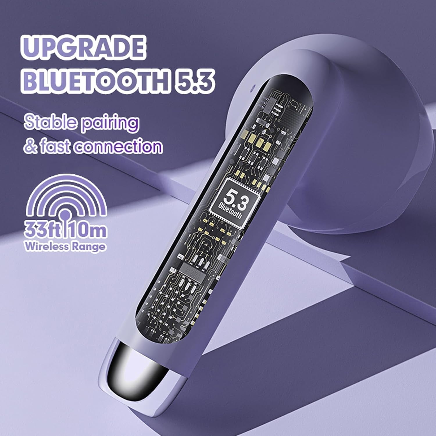 True Wireless Earbuds Purple Bluetooth 5.3 with Microphone for Working Out Noise Canceling Blue Tooth Ear Buds Deep Bass TWS Wireless Earphones with Charging Case in Ear Headphone for iPhone Android
