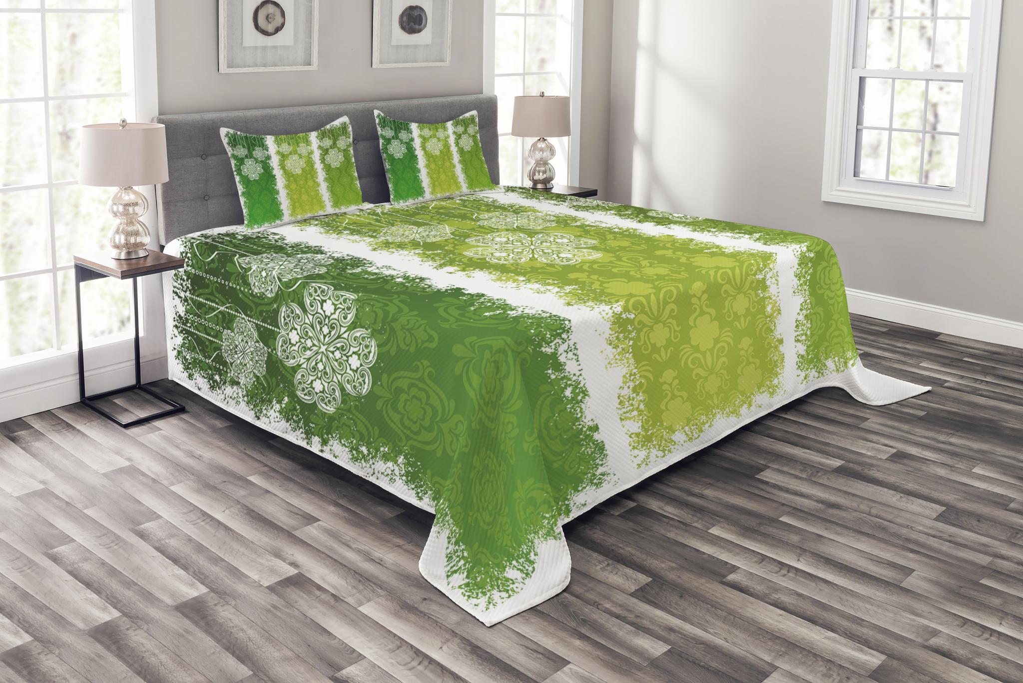 Irish Bedspread Set, Aged Vintage Antique Figures on Green Toned Color